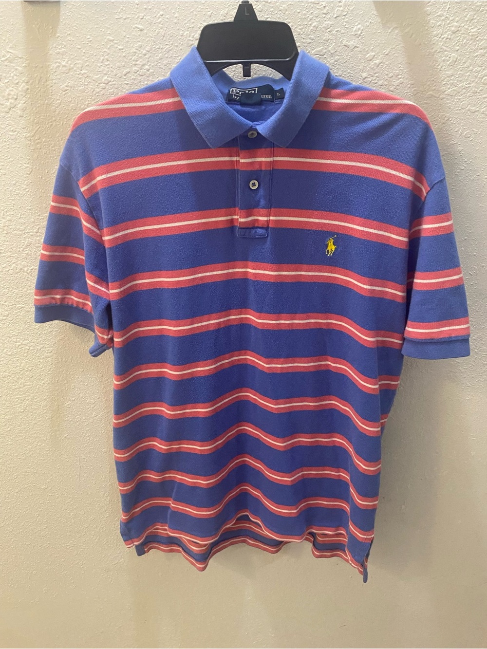 Polo by Ralph Lauren Blue Polo with Pink & White Stripes and Yellow Pony